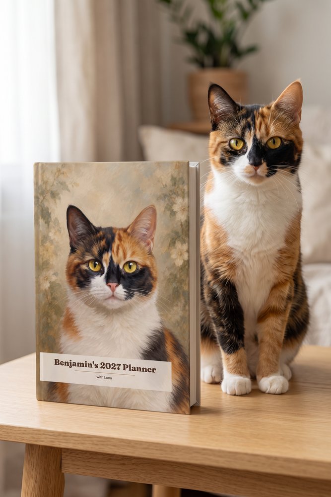 Agenda personnalisé avec votre chat en couverture, et Luna assise à côté
