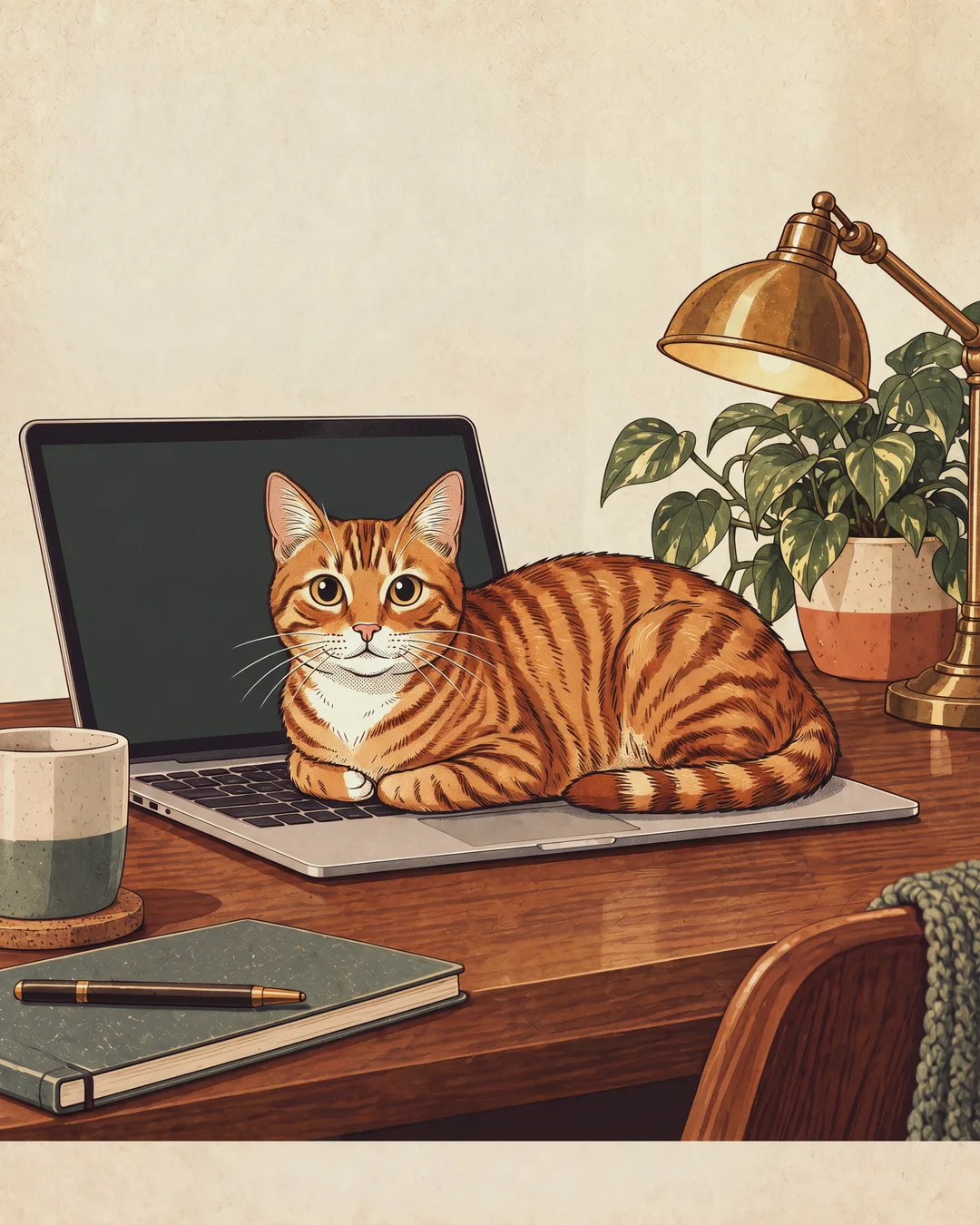 Un chat roux couché sur un ordinateur portable, sur un bureau