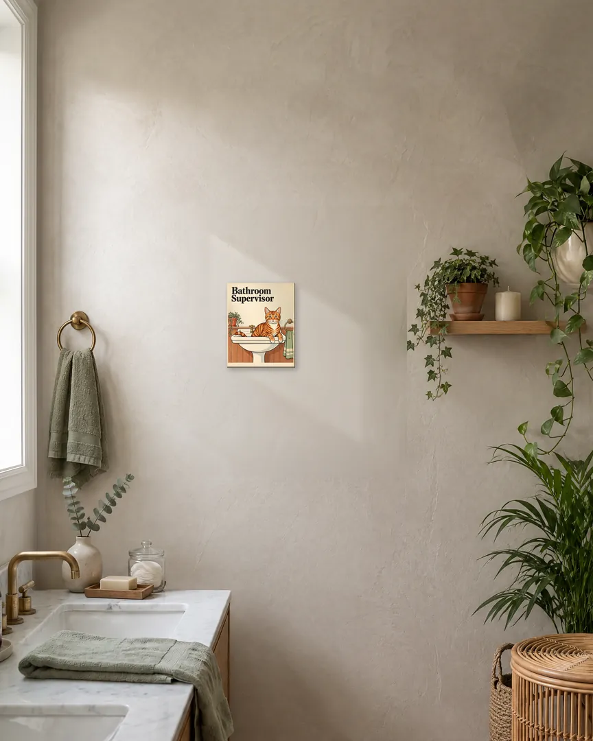 Image réalisée avec l’IA : la toile au format choisi sur un mur de salle de bain