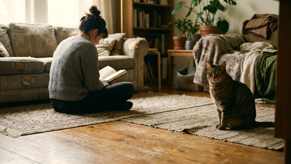 Une femme assise en tailleur sur un tapis, en train de lire, les deux mains sur les genoux; un chat tigré est assis sur un tapis à quelques mètres, droit et posé, avec le plancher vide entre eux.