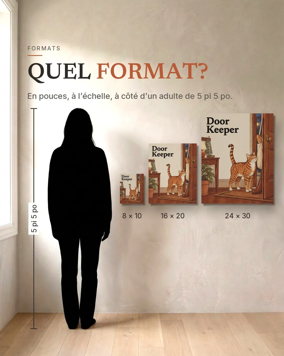 La gardienne de l’entrée : les trois formats, 8 × 10, 16 × 20 et 24 × 30 po, au mur à côté de la silhouette d’un adulte de 5 pi 5 po.