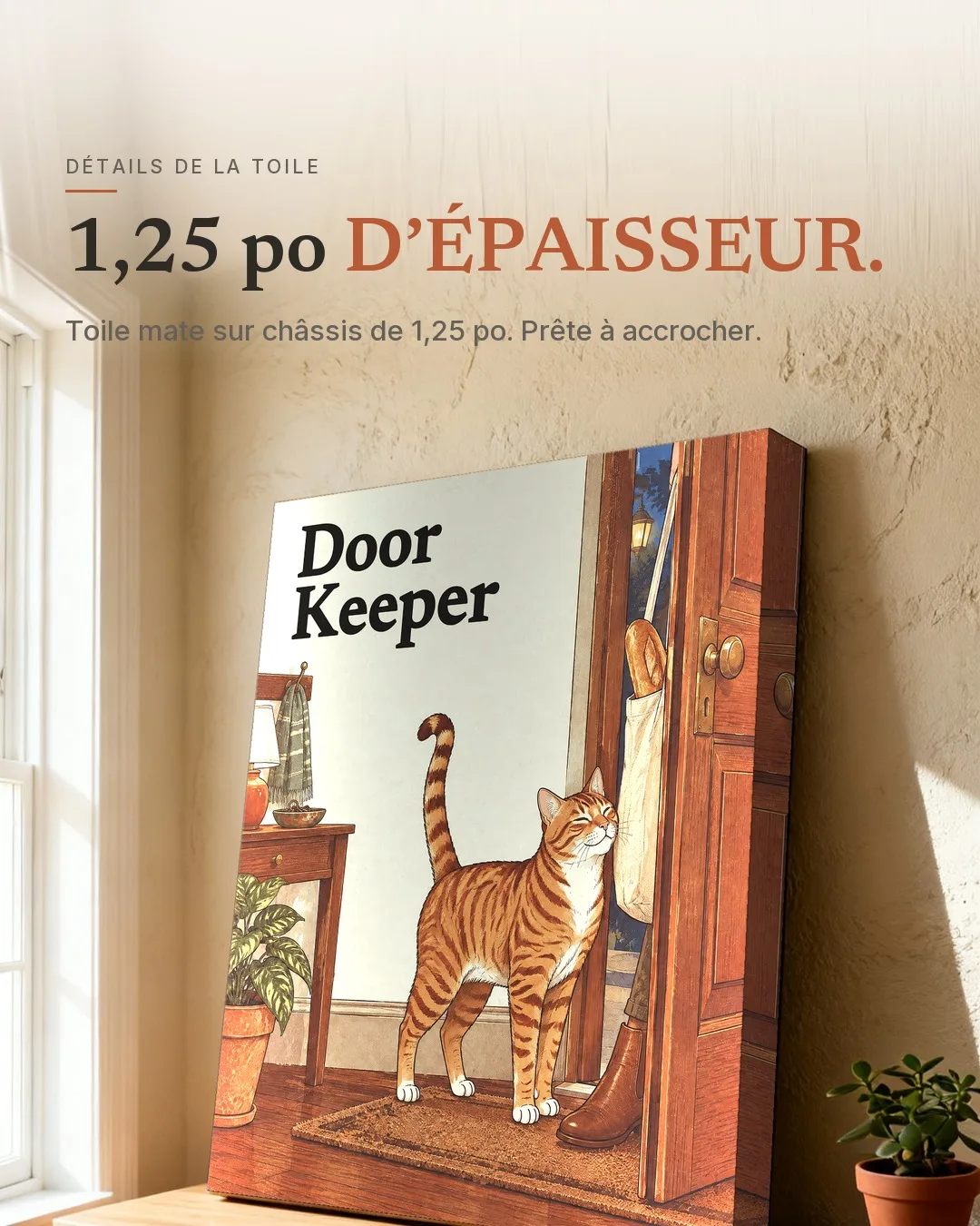 La gardienne de l’entrée : la toile appuyée contre un mur, vue de côté pour montrer son épaisseur de 1,25 po.