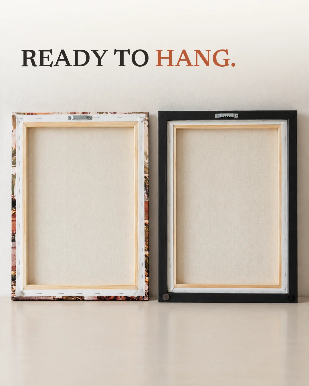 The Window Watcher: illustration of the back of a stretched canvas, with a sawtooth hanger at the top, and of a black floater frame, with a sawtooth hanger at the top and two rear bumpers at the bottom corners.
