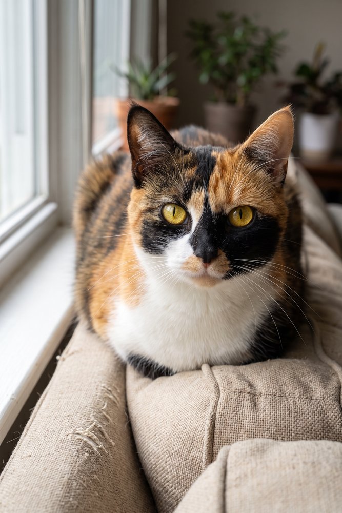 Example cat photo (AI-generated sample): a calico cat on a sofa by a window