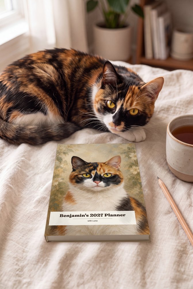 Exemple de mise en scène générée par IA : un agenda personnalisé sur du lin, près d’un chat tricolore, d’une tasse et d’un crayon.