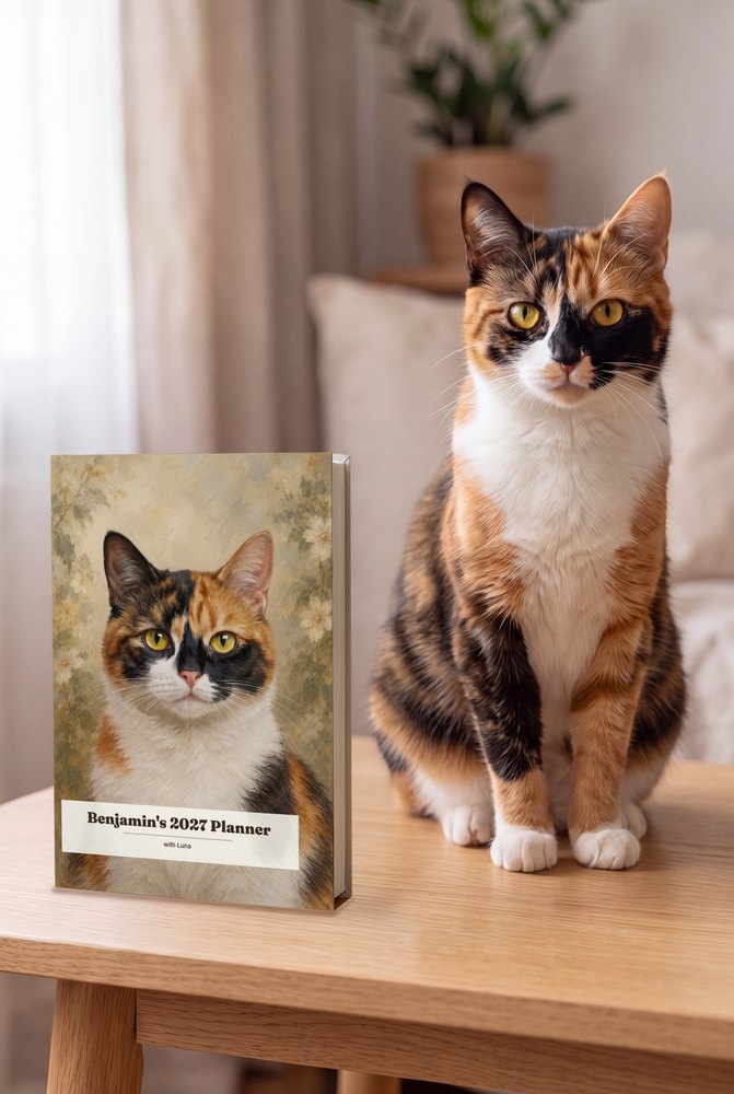 Example product image: your planner in the Heirloom Oil style standing beside the cat Luna, with five numbered points on the book