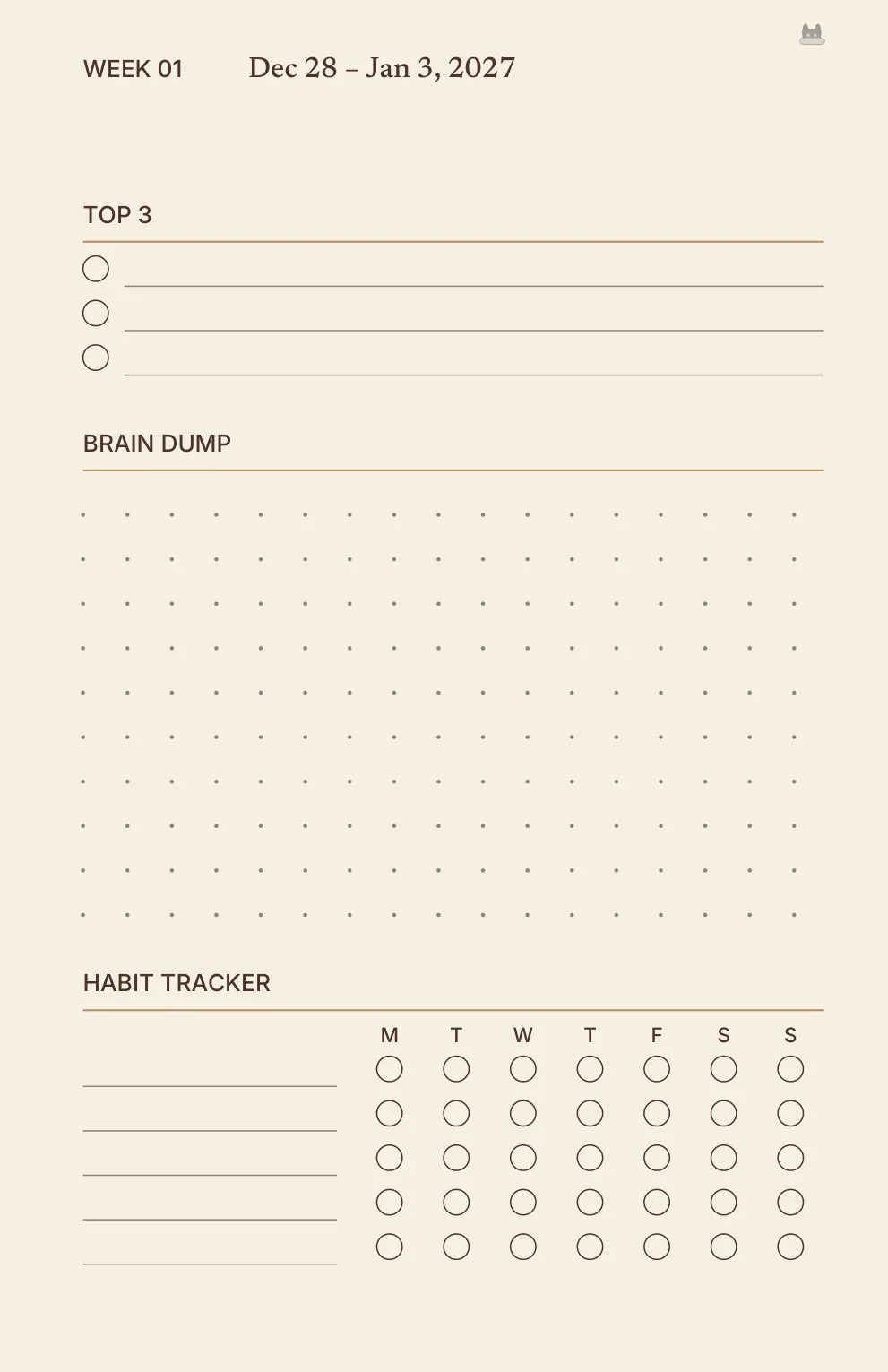 Week 1 right page: Top 3, brain dump grid and habit tracker