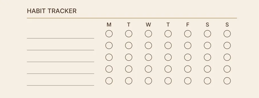 Habit tracker on a weekly page: five lines to name habits and a row of tick circles from Monday to Sunday
