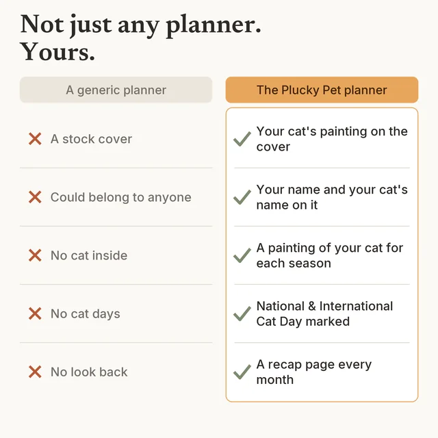 Not just any planner. Yours. A generic planner has a stock cover, could belong to anyone, has no cat inside, no cat days and no look back. The Plucky Pet planner has your cat’s painting on the cover, your name and your cat’s name on it, a painting of your cat for each season, National and International Cat Day marked, and a recap page every month